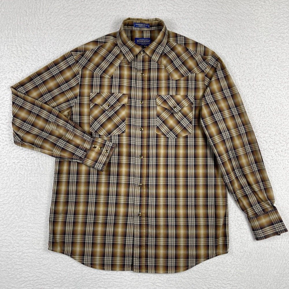 Pendleton Shirt Mens Medium Brown Plaid Snap Frontier Gorpcore Cabin Camp Hike